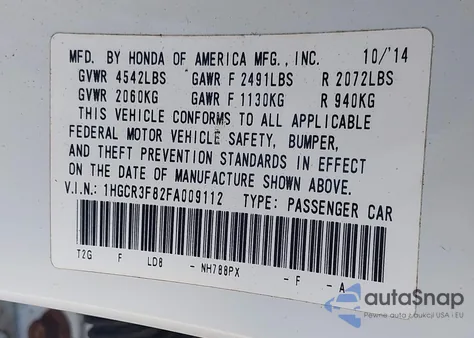 2015 Honda Accord Ex-L V-6 из США, поврежденный, VIN 1HGCR3F82FA009112